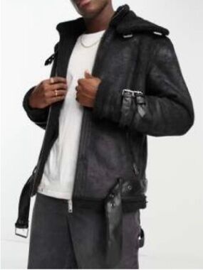 ASOS ADPT Faux Shearling Aviator Jacket in Black